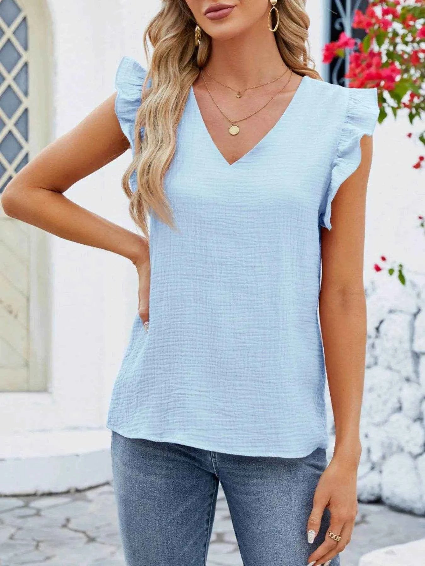 V-Neck Ruffled Sleeve Top Trendsi c6cf1d22-233b-4c4d-9588-6a07ed05847b-Max-Origin