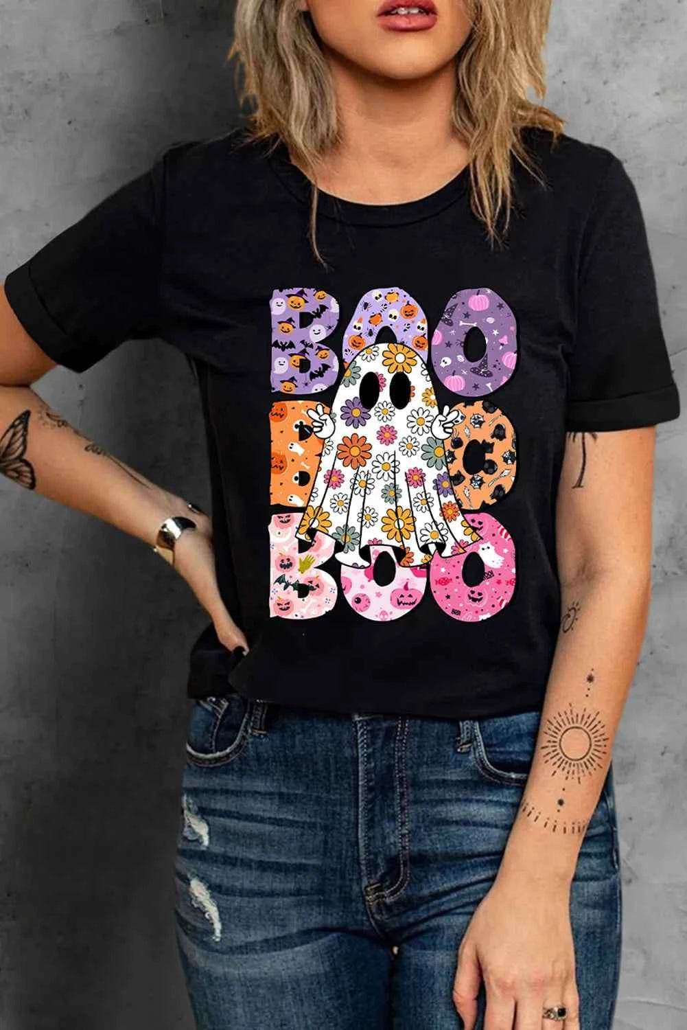 BOO Ghost Graphic Round Neck Short Sleeve T-Shirt Trendsi c6d06117-800b-4753-bbd2-766c09e0e704-Max