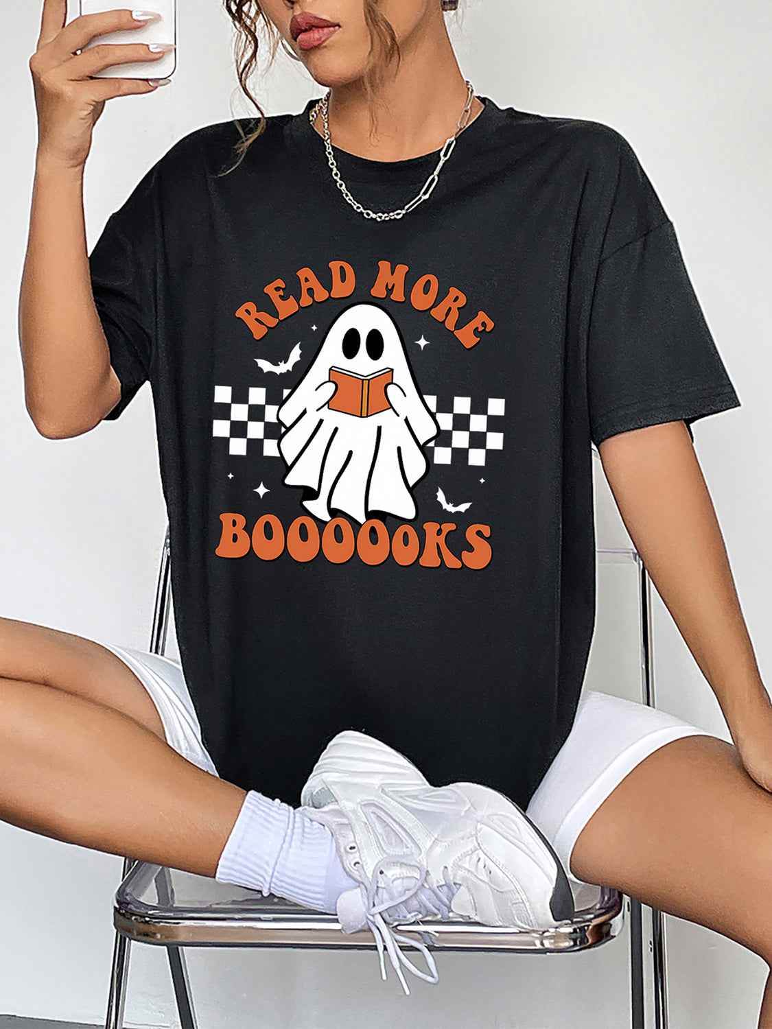 Round Neck Short Sleeve Ghost Graphic T-Shirt Black Trendsi c6dcc8edb42146498327d76a52079054-Max