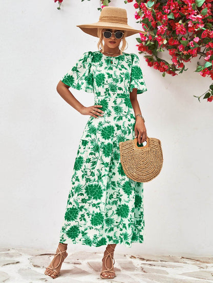 Floral Round Neck Tied Open Back Dress Green Trendsi c6e4969b10a4445094a0ceec305c33a4-Max