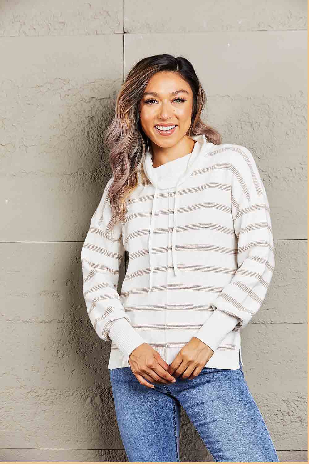 Cowl Neck Drawstring Dropped Shoulder Striped Print Blouse Stripe Trendsi c70f6d72b2e34542904ae82f40b78f44-Max