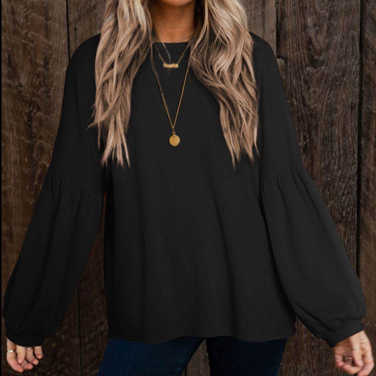 Round Neck Long Sleeve Ruched Blouse Black Trendsi c716f973eb3640959fdc42c985b1f7b3-Max