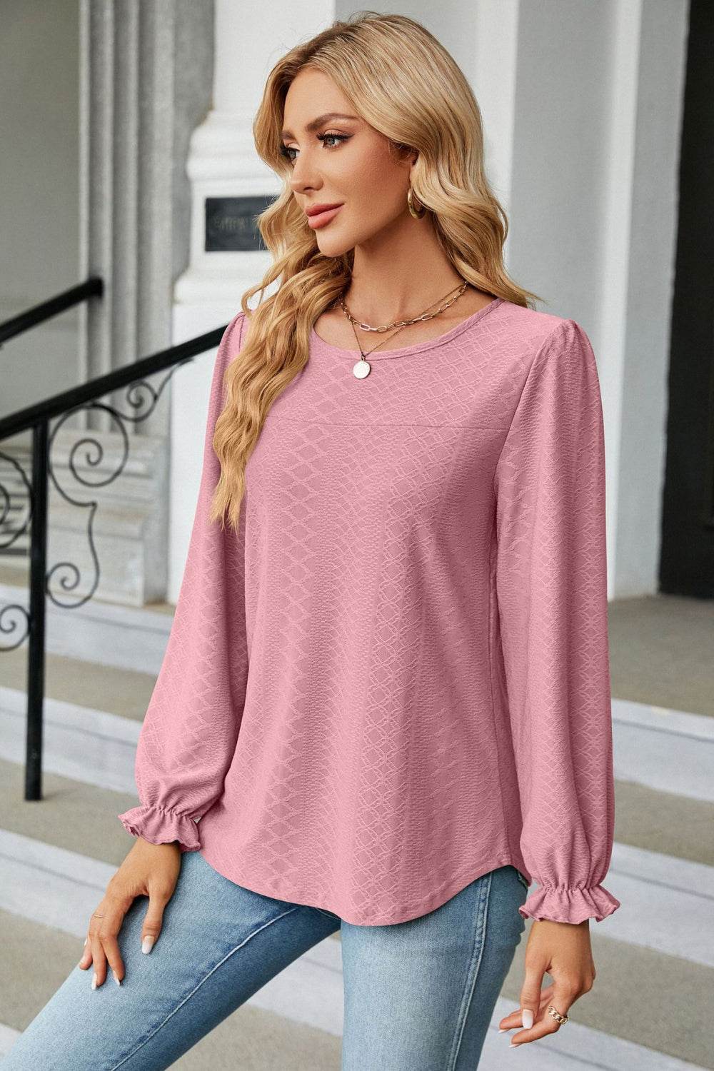 Round Neck Flounce Sleeve Blouse Trendsi c73ac508708e478d94aabf06ac9666a1-Max