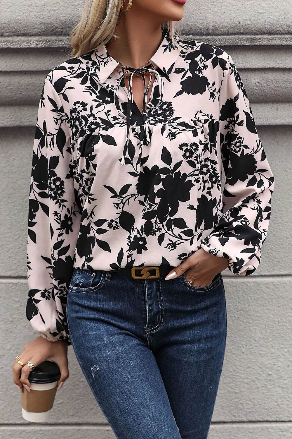 Perfee Printed Tie Neck Balloon Sleeve Blouse Trendsi c74f411c17b940a49c831fc46108bd14-Max