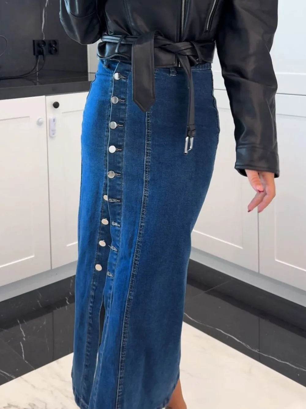 Front Button Slit Midi Denim Skirt Trendsi c7575548-7096-4664-8faf-9809918f7c20-Max