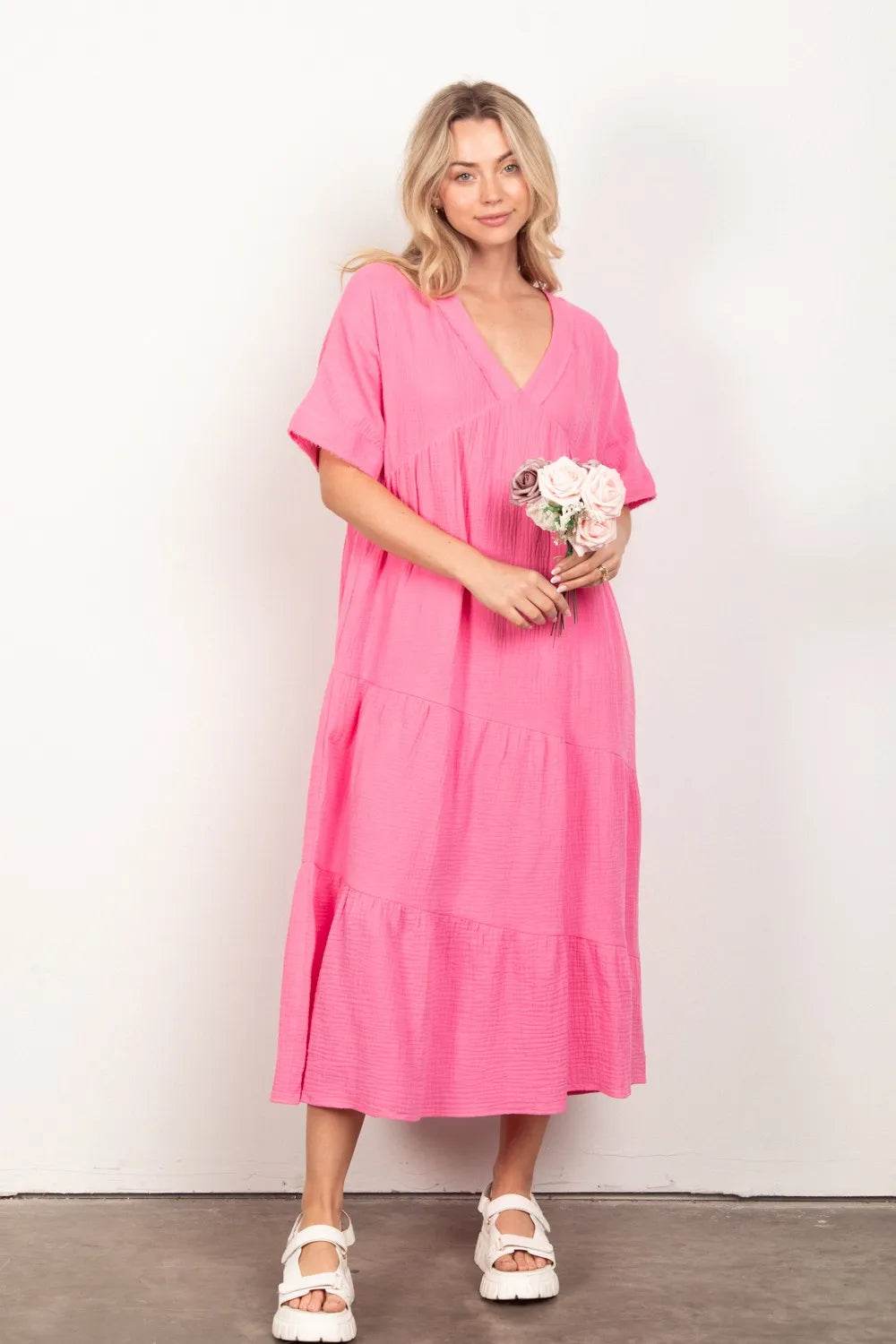 VERY J Soft Crinkle Gauze Short Sleeve Midi Dress PINK Trendsi c799b5ba-c69e-4124-86c3-0890480c3a3b-Max