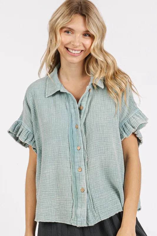 Mittoshop Mineral Washed Button Down Flounce Sleeve Shirt Faded Blue Trendsi c7a9fda8-ecdc-42ba-9ba9-630e3a2e892d-Max
