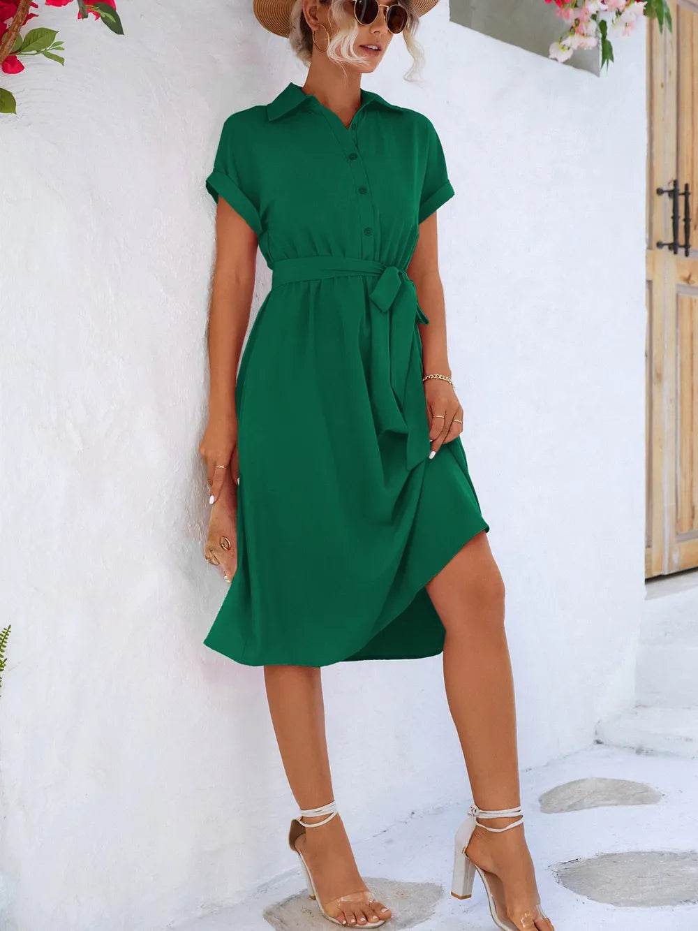 Buttoned Tie Waist Short Sleeve Dress Trendsi c7b8fdb8-0374-4560-8de4-c97132654962-Max