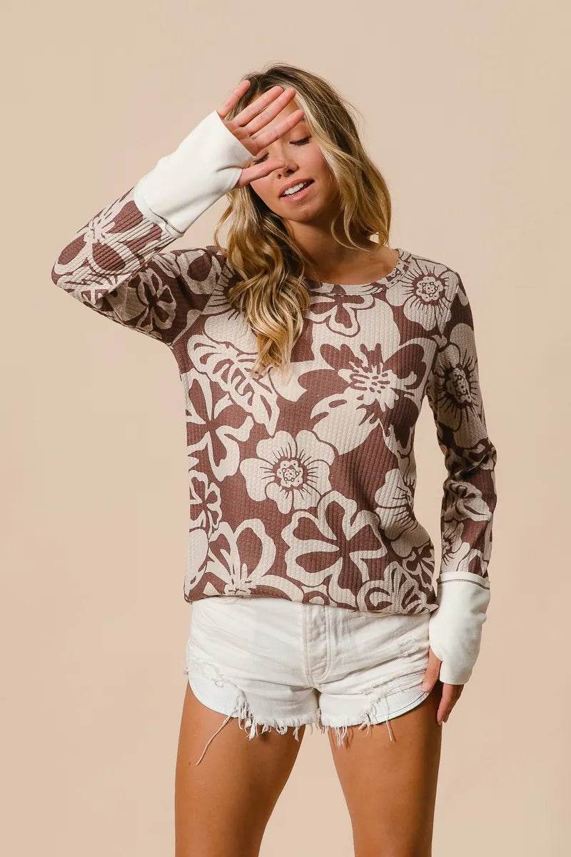 BiBi Flower Printed Waffle Thumb Opening Top Trendsi c7c0b5fa0cb74c9b96afe1721bf9e93c-Max-Origin