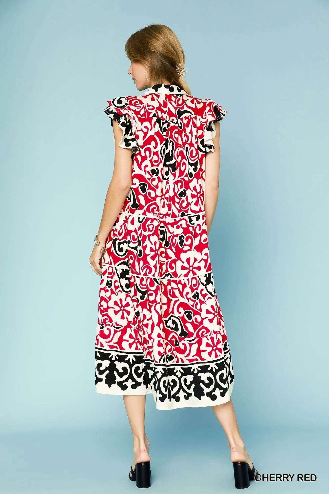 Umgee Printed Ruffled Cap Sleeve Midi Dress Trendsi c7e2b8ab-91a9-48a8-975c-f8015b28a562-Max-Origin