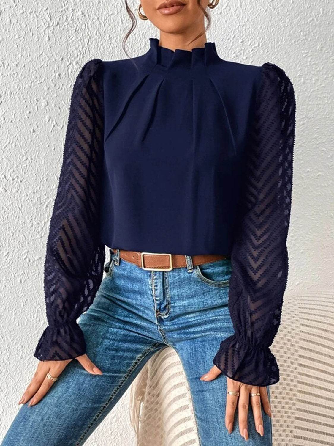 Mock Neck Flounce Sleeve Blouse Trendsi c834bda2528d4b809b1b03d6778c503e-Max