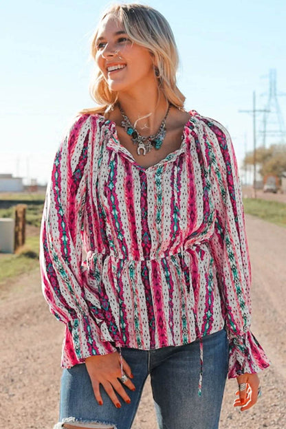 Multicolour Western Print Split Neck Peplum Blouse Trendsi c84c1a0859f541fb8d9939b92bdcf503-Max