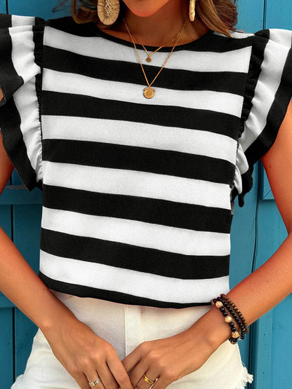 Contrast Striped Ruffle Sleeve T-Shirt Trendsi c85ea029c3ca4856b0e5f48bb9051366-Max-Origin