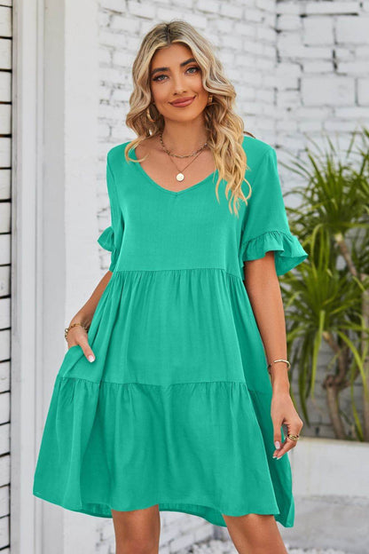 Mandy V-Neck Flounce Sleeve Tiered Dress Green Trendsi c88e6c8e939c4e45a500787726fdd6db-Max