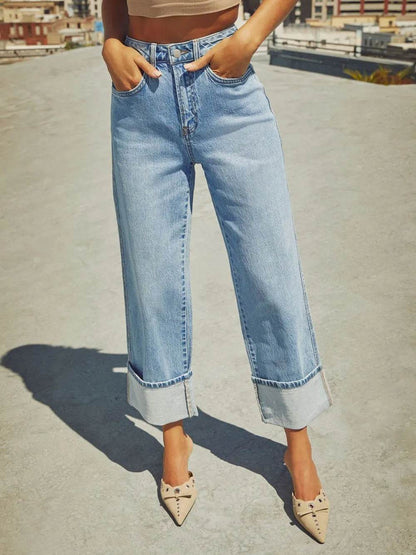 High Waisted Straight Leg Rolled Jeans Trendsi c8ebe04c-7b13-4509-9f63-894a96f51ee5-Max