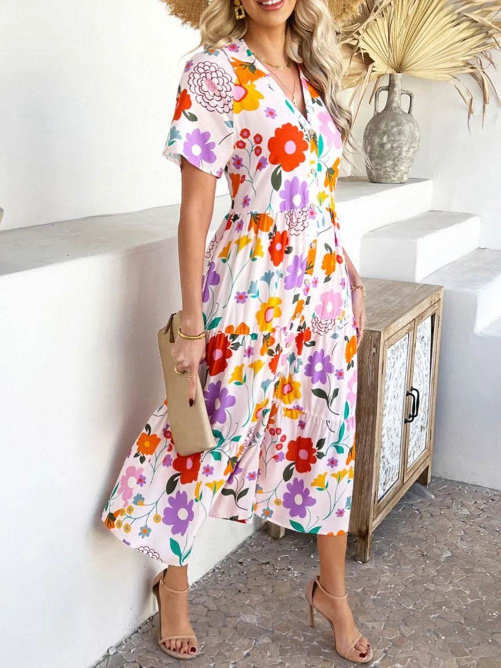 Devine Printed Johnny Collar Button Down Short Sleeve Midi Shirt Dress Trendsi c928b898-ffec-441b-a66a-180b130bbc50-Max