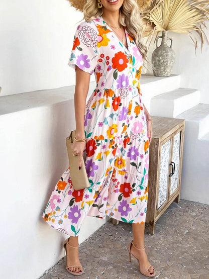 Devine Printed Johnny Collar Button Down Short Sleeve Midi Shirt Dress Trendsi c928b898-ffec-441b-a66a-180b130bbc50-Max