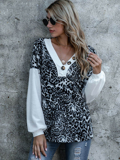 Shiny Leopard Decorative Button V-Neck Top Trendsi c93e7fb633e64a5aa313b9311ac92f0c-Max