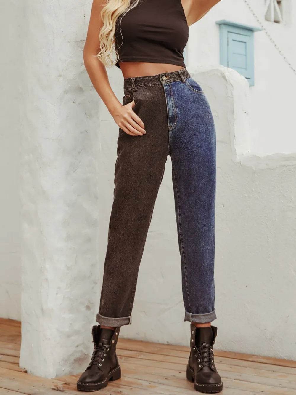Two Tone Straight Leg Jeans Trendsi c94f4623-7f29-4f3b-bbe6-40a463ada20e-Max