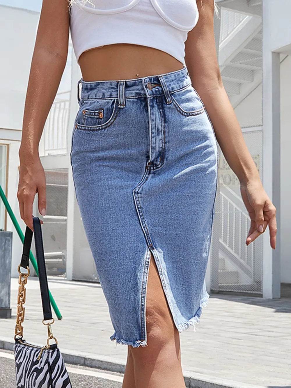 Raw Hem Slit Denim Skirt Trendsi c954373a-179a-4070-8959-0ebd241c6aa6-Max