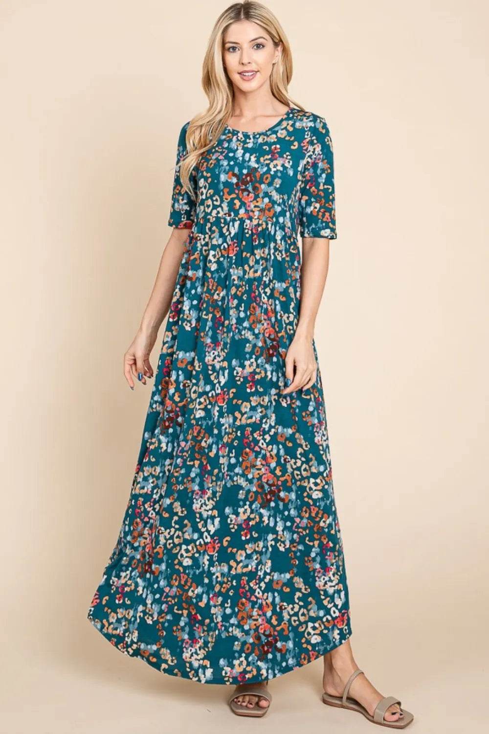 BOMBOM Printed Shirred Maxi Dress Trendsi c954fbe0-1db8-4eb7-85e4-1875aa42bf7e-Max