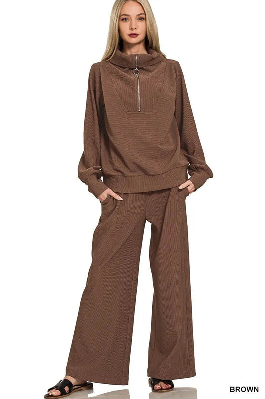 Zenana Ribbed High Neck Half Zip Pullover & Pants Set BROWN Trendsi c982801b932b41cea4f65a2cadc2408e-Max-Origin