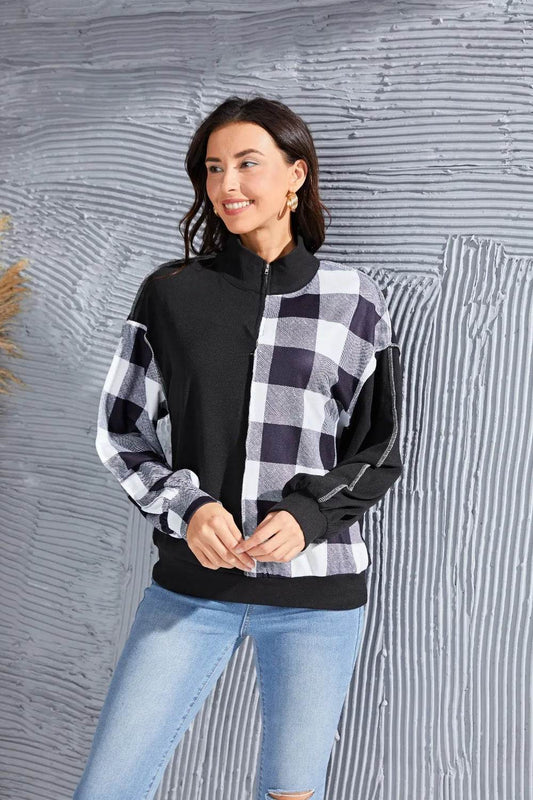 Plaid Exposed Seam Long Sleeve Blouse Black Trendsi c9ab47c5-041c-4cc0-8790-65abb3d332c3-Max