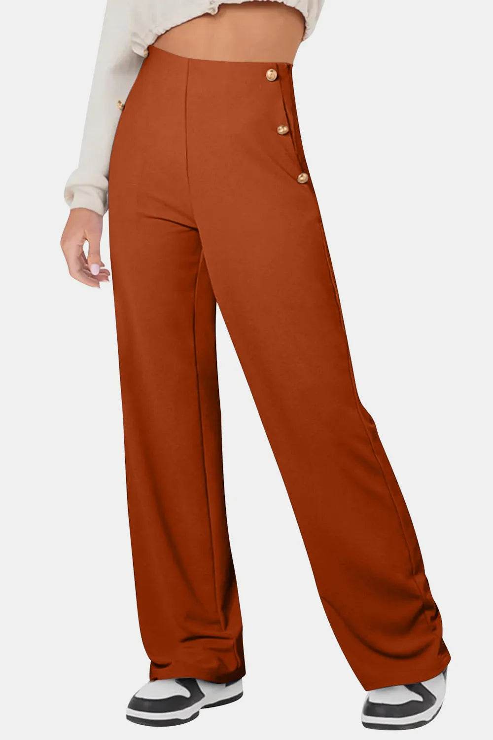 Decorative Button High Rise Pants Trendsi c9b1a33a-a155-4f7e-a674-3f19b438c88e-Max