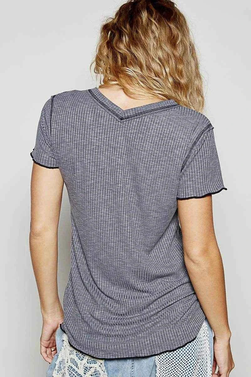 POL V-Neck Short Sleeve Ribbed T-Shirt with Contrast Overlock Stitching Trendsi c9bf80e1-1950-4a09-aed9-4366ad291361-Max-Origin