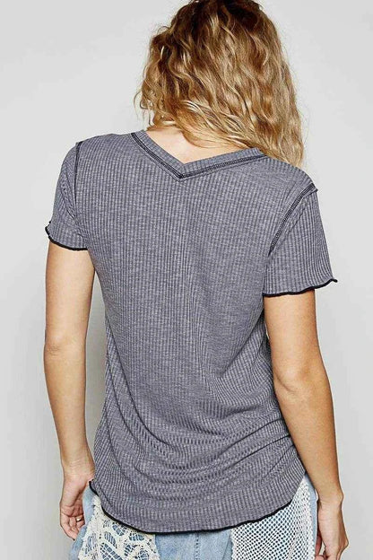 POL V-Neck Short Sleeve Ribbed T-Shirt with Contrast Overlock Stitching Trendsi c9bf80e1-1950-4a09-aed9-4366ad291361-Max-Origin