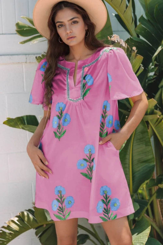 Floral Notched Summer Mini Dress with Striped Trim Fuchsia Pink Trendsi c9c08e47-e0a2-4b88-85e2-92b988c469c6-Max-Origin