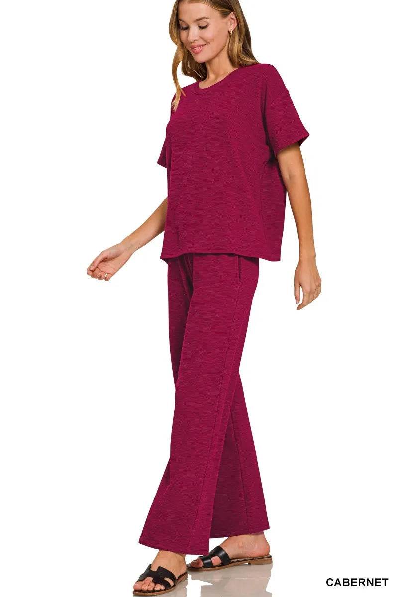Zenana Slub Short Sleeve T-Shirt and Pants Set CABERNET Trendsi c9f5791679de447bafbae2083c7a7c13-Max-Origin