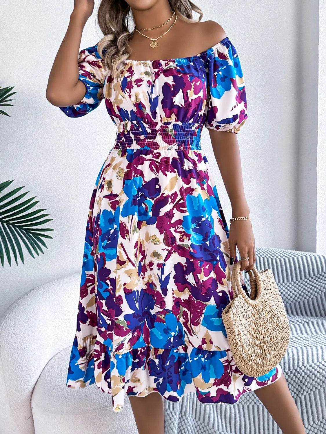 Ruffled Hem Smocked Floral Short Sleeve Midi Dress Trendsi c9f76baf-4052-4a29-9b64-52a9c0f93757-Max-Origin