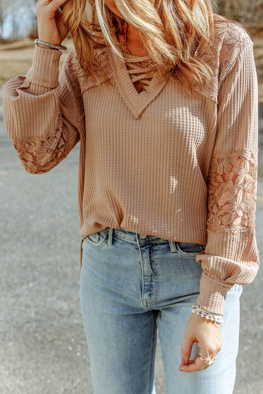 Crisscross V-Neck Waffle-Knit Top Trendsi c9fd2396c6564157b4e5073b373101ab-Max