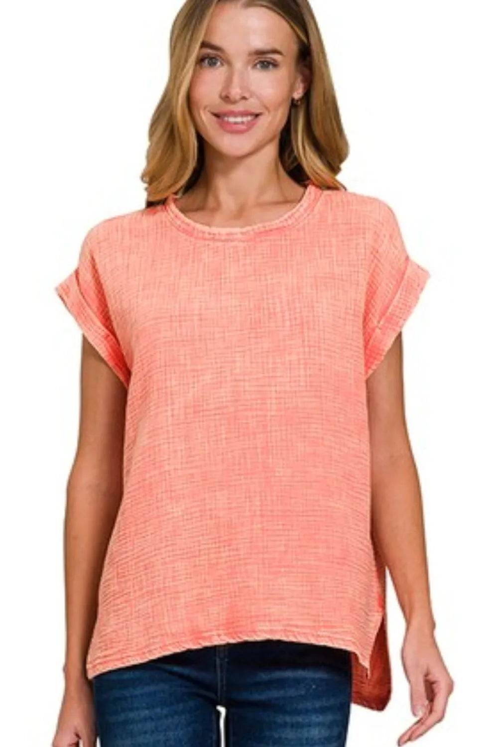 Zenana Woven Double Gauze Acid Washed Short Sleeve Top Trendsi ca014a5e-bda8-4da4-a5bb-8a7b337eff39-Max-Origin