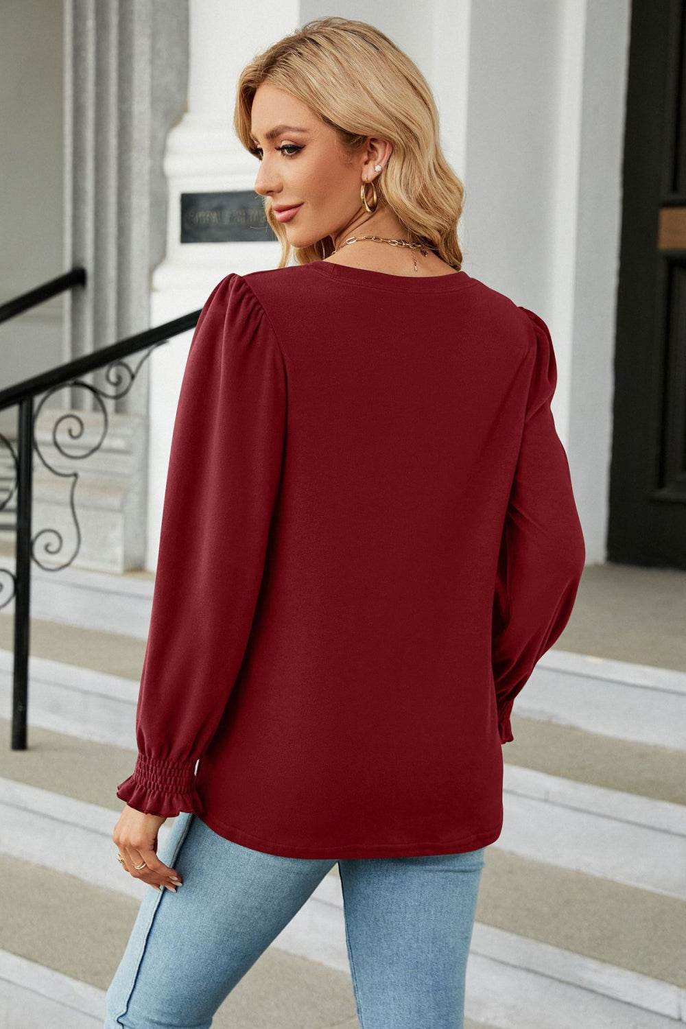 Round Neck Smocked Flounce Sleeve Blouse Trendsi ca187a24ac404cccaaffd66b1c22d0d0-Max
