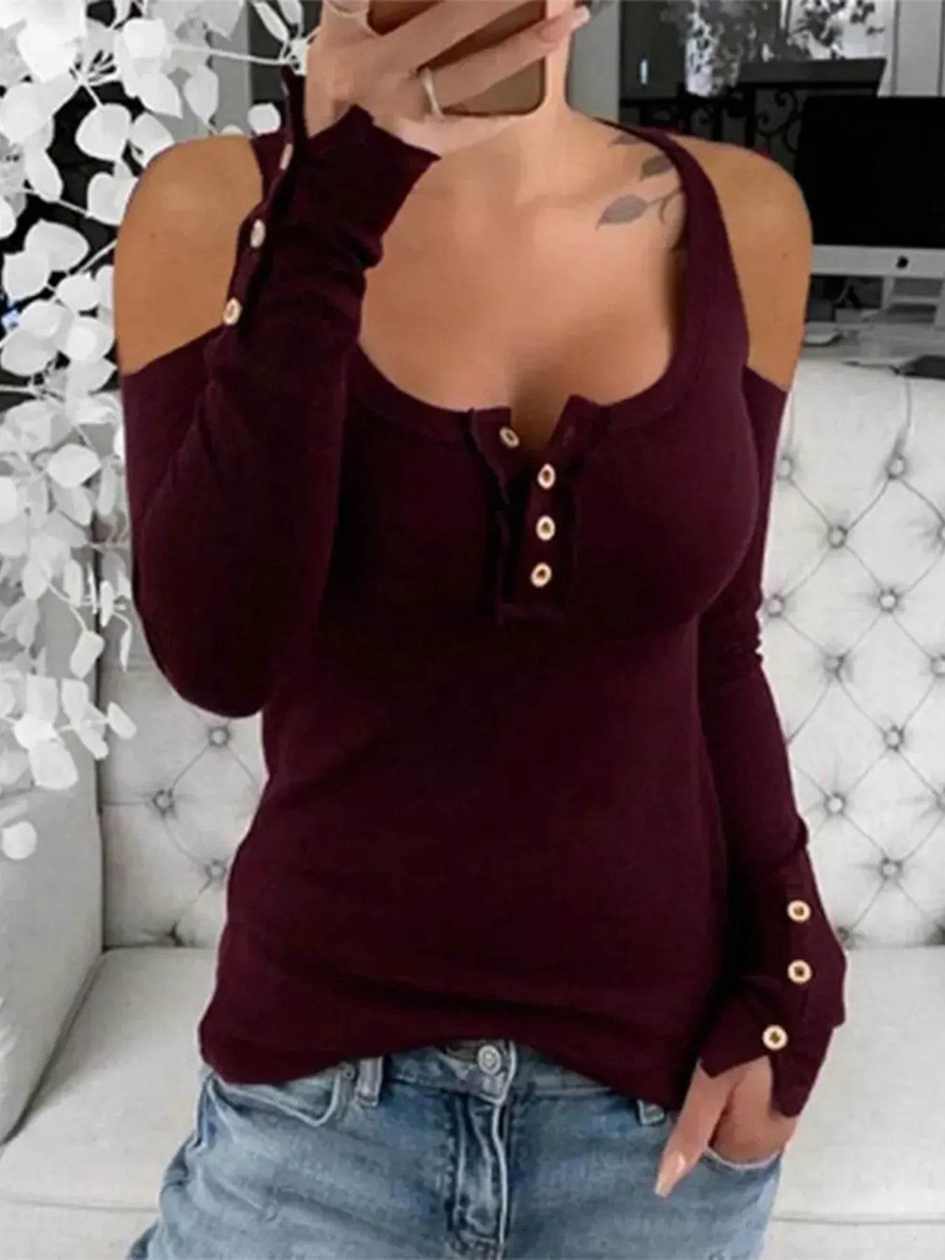 Cold Shoulder Ribbed Henley T-Shirt with Button Detail Burgundy Trendsi ca224a53f55948f79f1f514033a4bade-Max-Origin