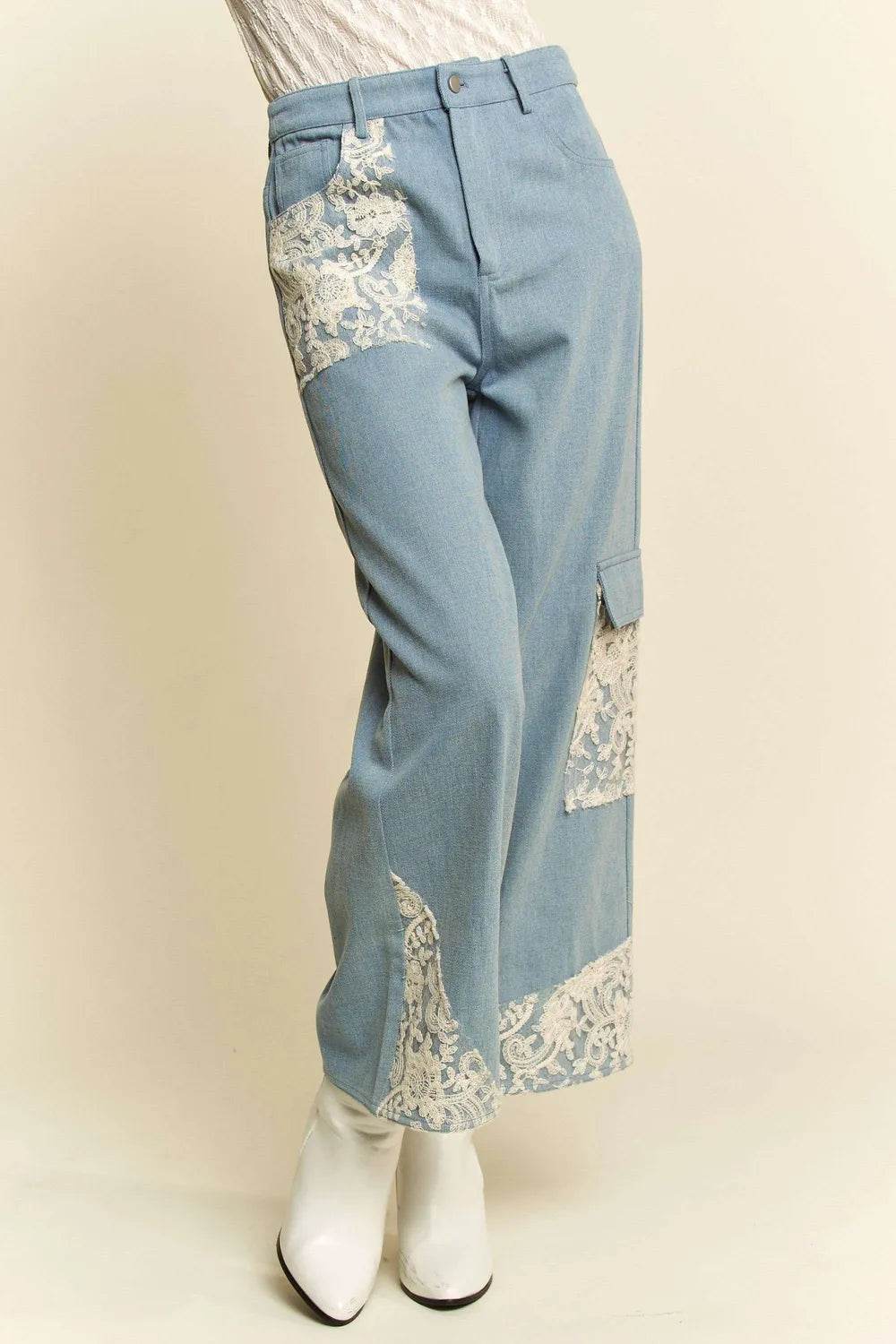 Davi & Dani Lace Applique Wide Leg Jeans Trendsi ca2ba1aa-c16f-4697-8561-419e86e575f7-Max