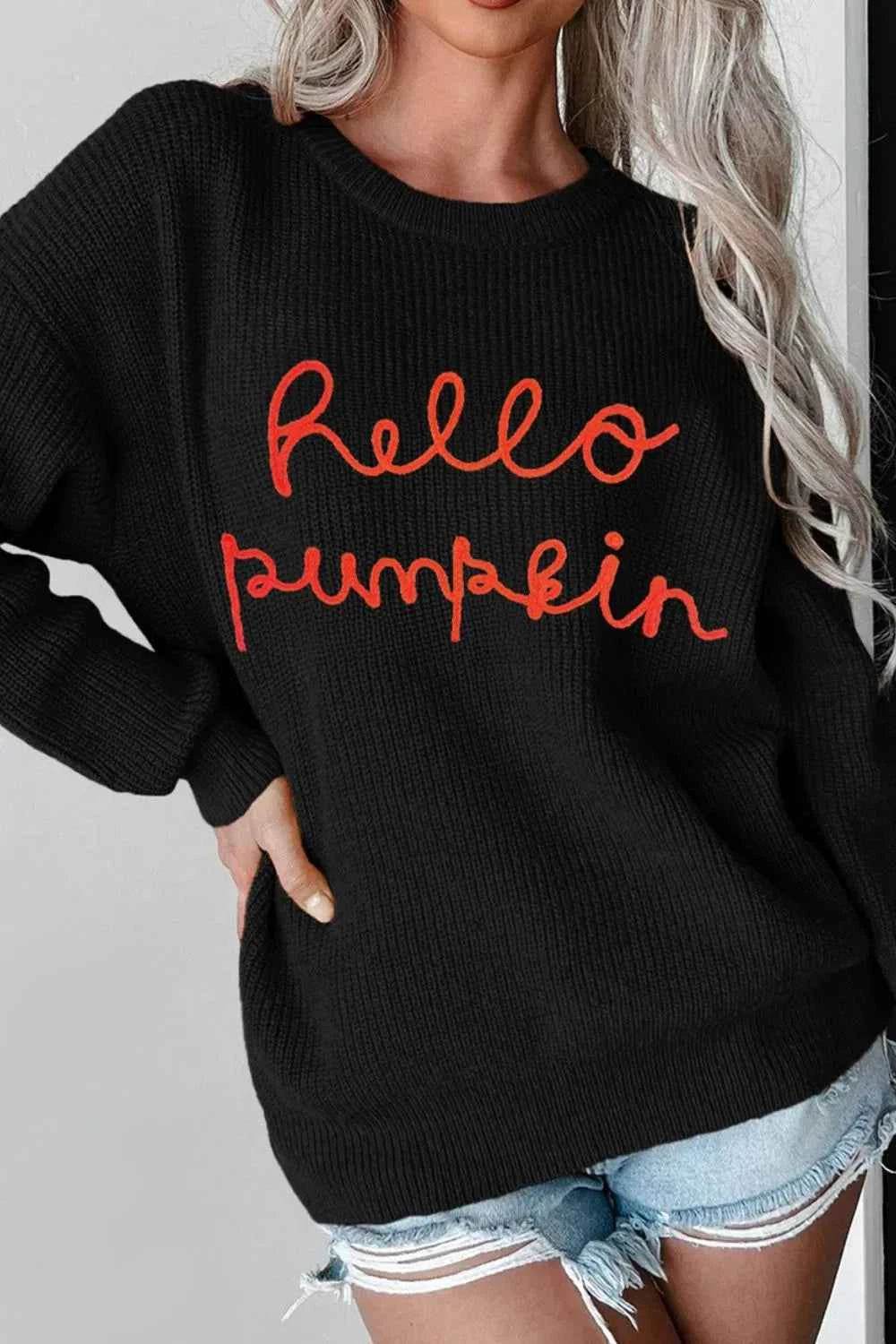 HELLO PUMPKIN Round Neck Long Sleeve Sweater Black Trendsi ca372587-72db-4518-991d-5abcd66bf47b-Max