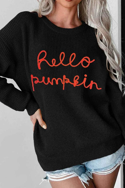 HELLO PUMPKIN Round Neck Long Sleeve Sweater Black Trendsi ca372587-72db-4518-991d-5abcd66bf47b-Max