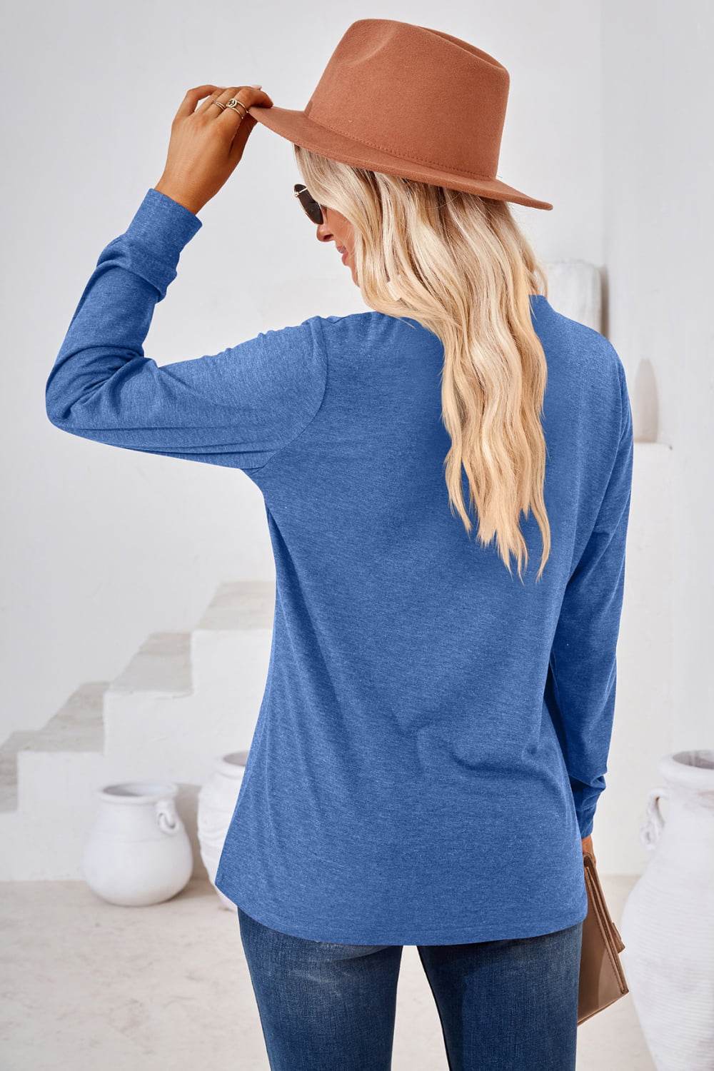 V-Neck Buttoned Long Sleeve Blouse Trendsi ca47e7fa0f3a46dcaf4d3e7bb90d3dc0-Max