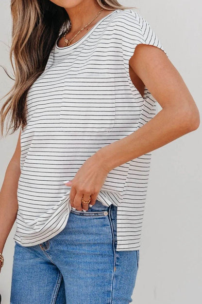 Stripe Cap Sleeve Crew Neck Casual Tee with Chest Pocket Trendsi ca4d651d-378f-40be-a3c9-d9a7770b6f4c-Max-Origin