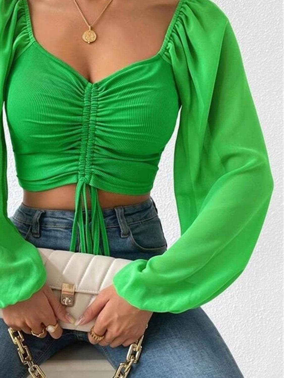 Drawstring Sweetheart Neck Cropped Top Trendsi ca8136fa97674560808e997a4fe0b20b-Max