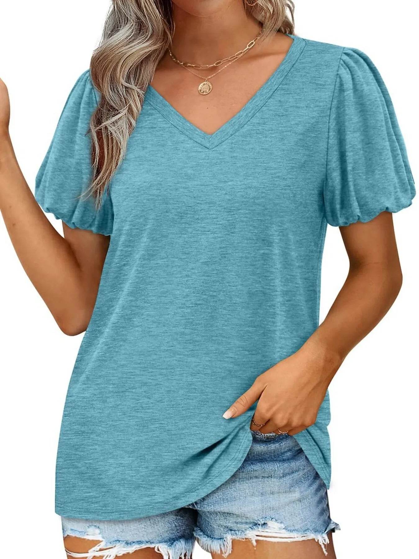 V-Neck Puff Sleeve Casual T-Shirt Lake Blue Trendsi ca8e4d29006d485bb1394fa49c3c6a66-Max-Origin