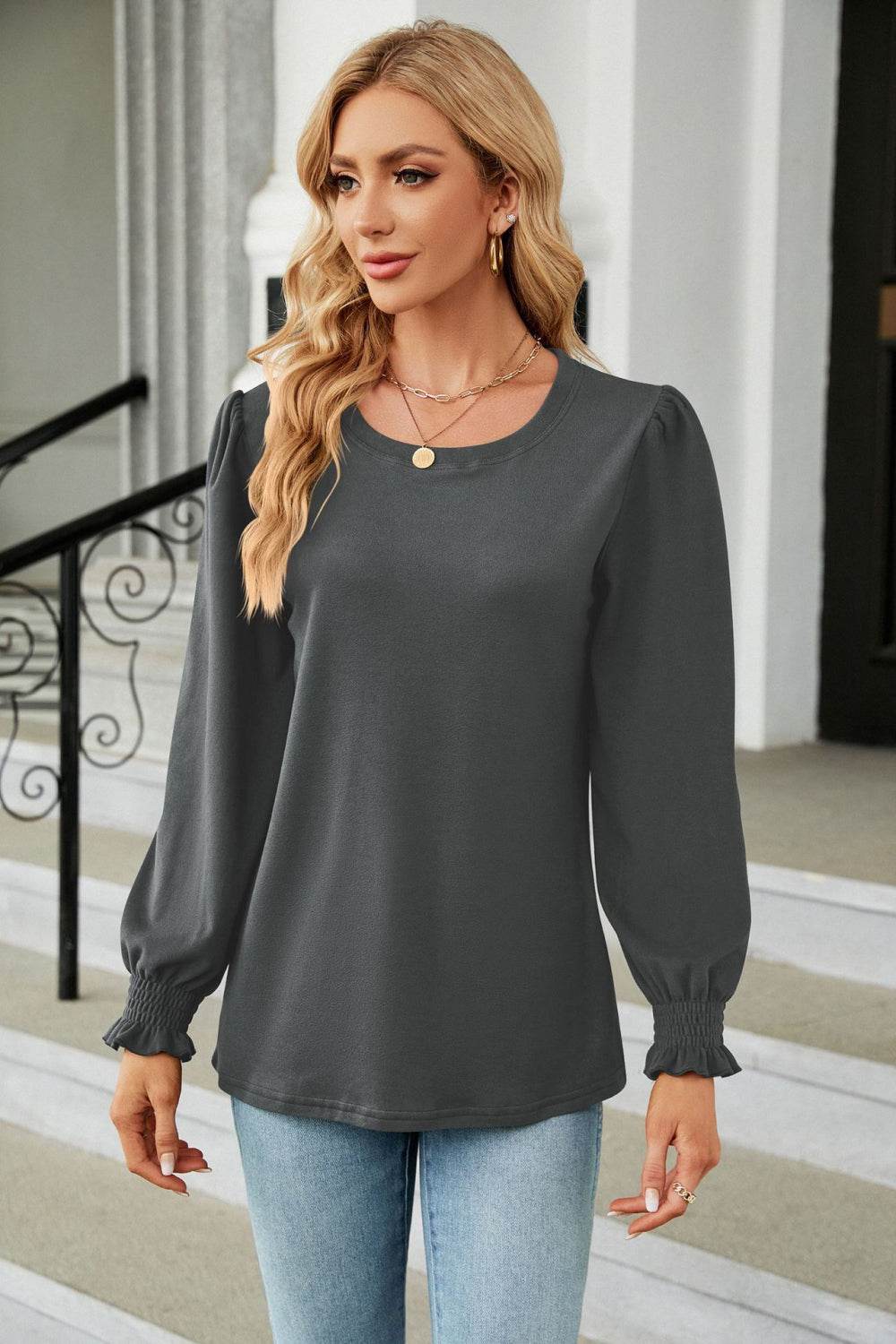 Round Neck Smocked Flounce Sleeve Blouse Trendsi cabfe798a1834de68680762f011842b6-Max