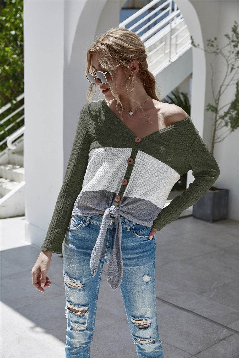 Twisted Waffle-Knit Color Block Buttoned Blouse Army Green Trendsi cac79917757d4117b5bc196d47557789-Max