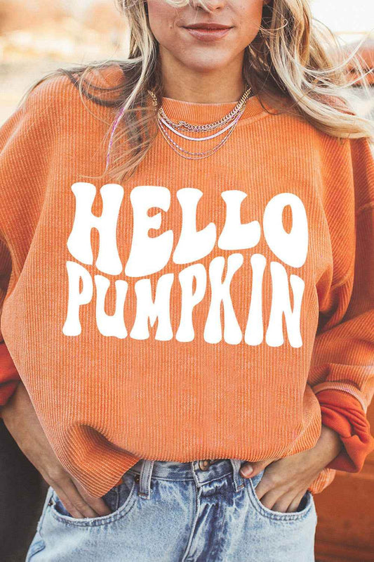 Round Neck Dropped Shoulder HELLO PUMPKIN Graphic Sweatshirt Trendsi caef9469d8684d36b70124f586e6b6f9-Max