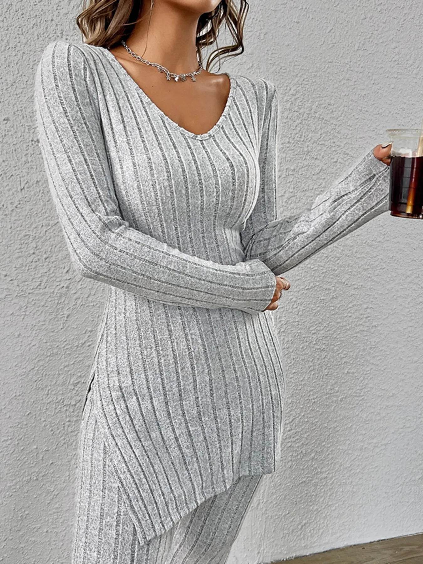 Slit V-Neck Ribbed Top and Pants Set Trendsi caf843e6de0c4c6fa212576250658797-Max-Origin