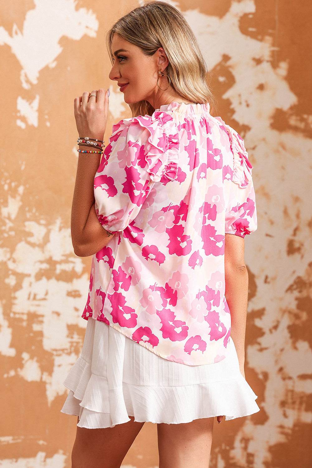Floral Tie Neck Ruffle Shoulder Blouse Trendsi cb5f215c54d64c2f9acdf649d6facac7-Max