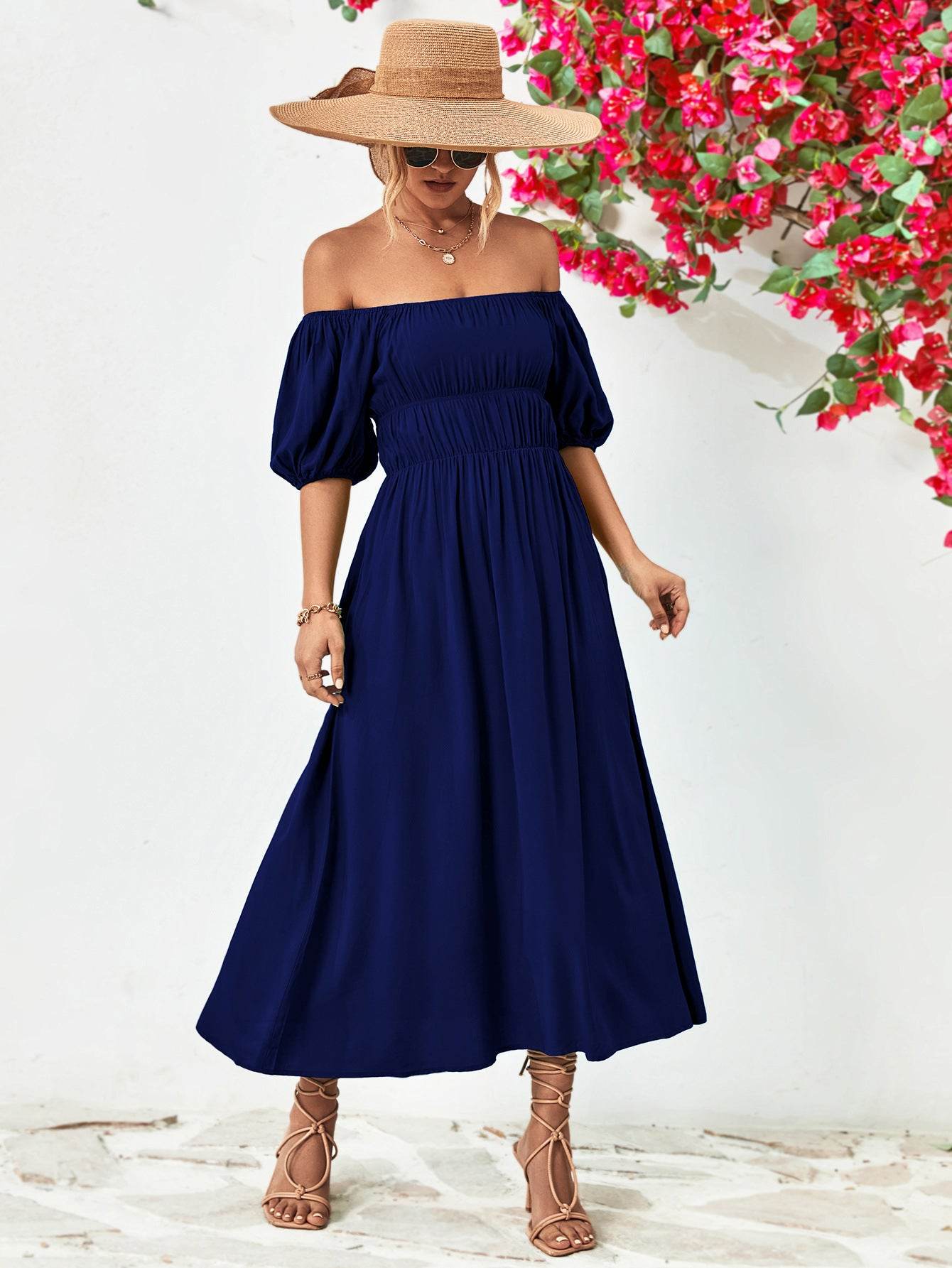 Off-Shoulder Balloon Sleeve Midi Dress Trendsi cb6485450bc049ac9649b25ff334c46c-Max